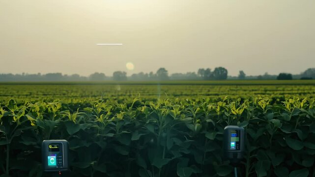 Advanced sensors monitor soil moisture levels in a green field, transmitting data wirelessly to a cloud-based system.