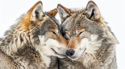 Fototapeta premium Two Gray Wolves Bring Their Heads Closer in Unity Isolated on White Background