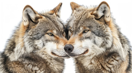 Fototapeta premium Two Gray Wolves Bring Their Heads Closer in Unity Isolated on White Background
