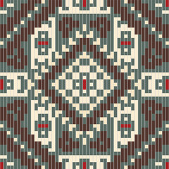 Native Double Ikat Patternfolk Embroidery, Aztec Geometric Ornament Print. Design for Carpet, Wallpaper, Clothing, Wrapping, Fabric