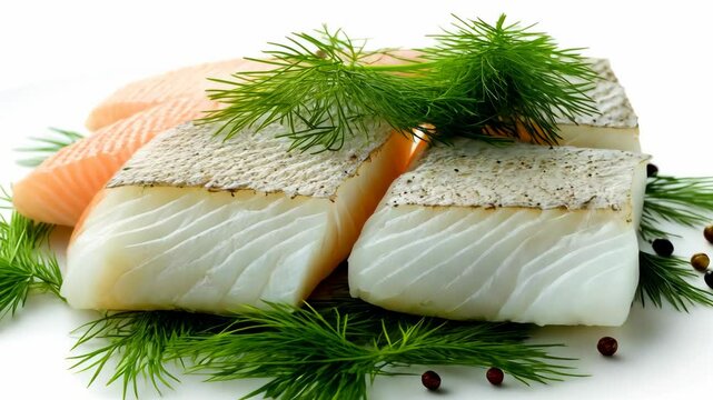 Fresh cod fillets, garnished with dill and peppercorns, are ready for a delicious meal