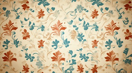 A floral patterned background featuring blue and orange motifs on a textured light beige surface.