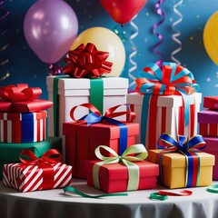 Festively wrapped gift boxes with ribbons, ready for celebration.