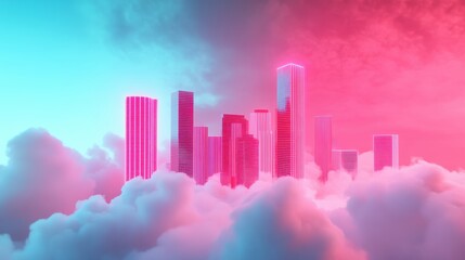 Fototapeta premium A whimsical fantasy world where buildings glow with neon, creating a magical and vibrant atmosphere.