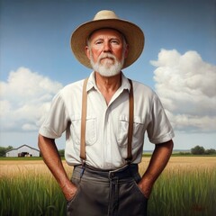 Fototapeta premium A mature farmer stands proudly in a lush field, wearing a straw hat and suspenders, with a farm and bright sky in the background.