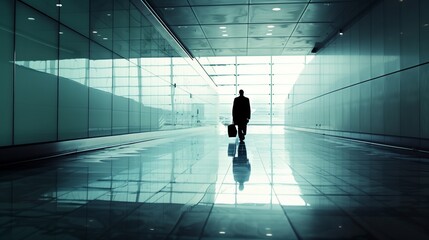 Fototapeta premium Business Traveler Walking through Airport Terminal Corridor with Luggage, Silhouette Reflection in Modern Architecture