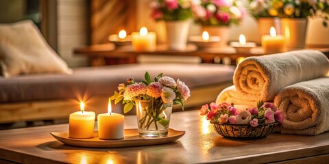 Cozy spa lounge with candle-lit ambiance and fresh flowers, ideal for relaxation and tranquility, spa, lounge
