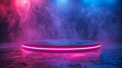 Cyberpunk sci-fi product podium showcase in spaceship base with blue and pink background. Technology and object concept. 3D illustration rendering