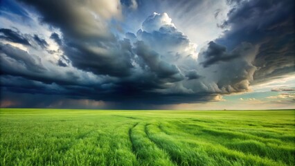 Fototapeta premium Field of green grass with storm on the horizon, storm, approaching, green grass, field, nature, weather, clouds, dark
