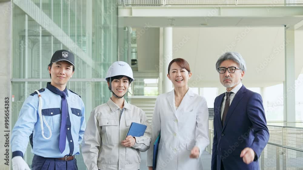 Poster ガッツポーズする様々な職業の人々（ビジネスマン・エンジニア・研究者・警備員）