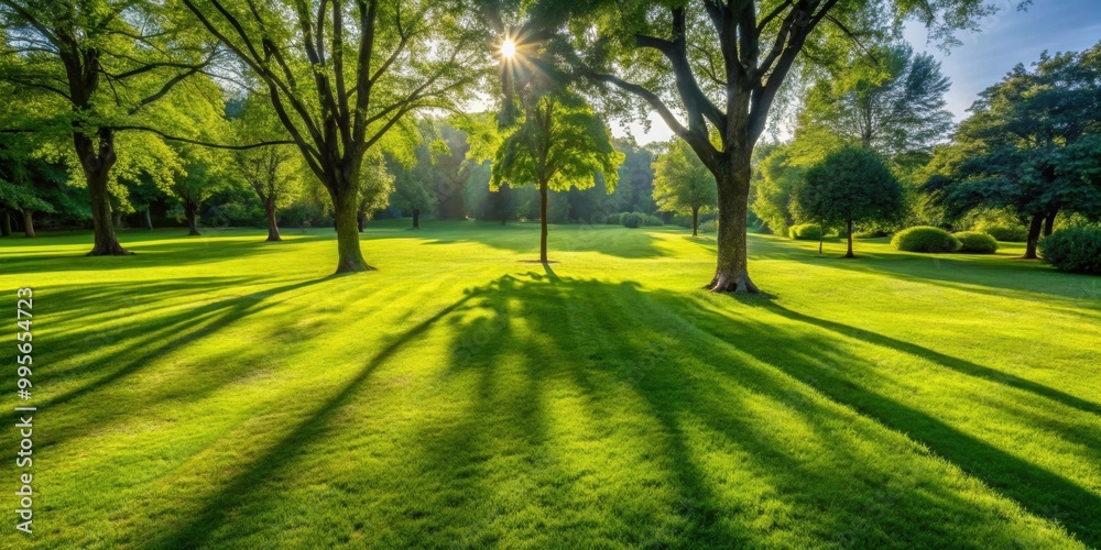 Canvas Prints Sunlit lawn with tree shadows, sunny, mowed, green, shadows, trees, ground, nature, outdoors, summer, sunny day, peaceful