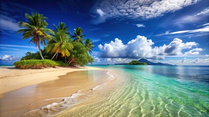 Fototapeta premium Sandy tropical beach with a distant island in the background, tropical, beach, sand, island, scenic, paradise, palm trees