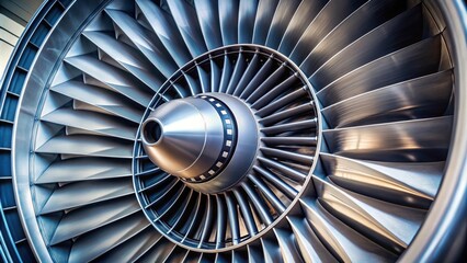 Close-up view of a jet engine turbine blades, powerful, round, technology, machinery, aircraft, aerospace, industrial