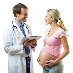 Physician doing medical consultation with pregnant woman, wearing face masks. Woman expecting child and receiving medical advice from doctor at office desk during covid 19 pandemic