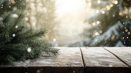 Christmas background with a wooden old table and green pine tree branches, adorned with a snow, set against a winter forest background , suitable for product display, decoration, or design