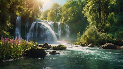 Fototapeta premium A breathtaking fantasy paradise with a serene river of pure and green meadows