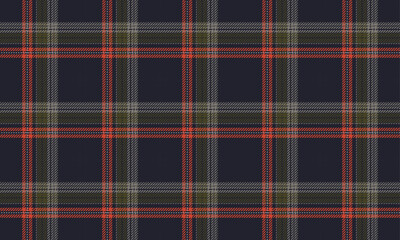 Plaid fabric pattern, navy, orange, green, gray, seamless for textile and design clothes skirt pants apron tablecloth blanket or decoration fabric. Vector illustration.