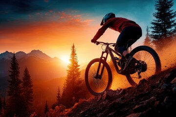 Naklejka premium A lone cyclist riding downhill on a mountain trail during a dramatic sunset, illustrating adventure, freedom, and the thrill of mountain biking against a stunning backdrop.