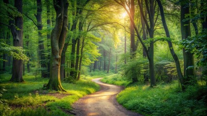 A serene path winding through a lush forest , nature, walkway, trees, foliage, tranquility, greenery, hiking, outdoor