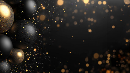 Black and golden festive background with shiny balloons, bokeh and glitter, Black Friday, luxury holidays, New Year or Christmas party celebration