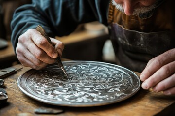 An artisan meticulously engraves intricate patterns on a silver plate.
