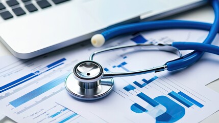 A stethoscope rests on medical graphs beside a laptop, symbolizing the blend of healthcare and technology in modern medical practices.