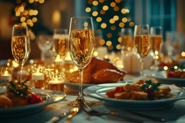 A luxurious holiday dinner table set with gold rimmed glasses golden cutlery and festive decor creating an elegant and warm holiday scene