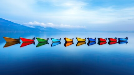 A serene image featuring a line of colorful boats on calm water under a blue sky, reflecting their vibrant hues in the tranquil surface.