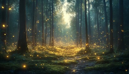 Naklejka premium A mystical forest path lit by fireflies glowing in the dusk. .