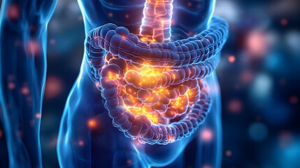 Detailed of the Human Digestive System Highlighting Small Intestine Absorption