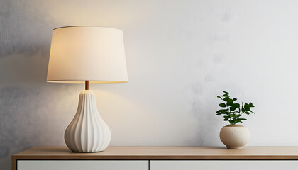 modern white lamp on cabinet with clean wall mockup