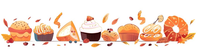 Autumn treats, baked goods and pastries, flat design illustration