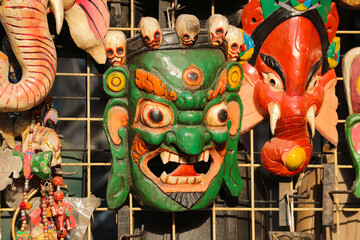 Scary Tibetan wooden masks depicting gods and spirits.