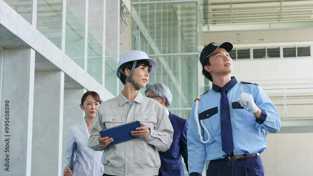 Poster ビルを点検する様々な職業の人々（エンジニア・警備員・ビジネスマン・研究者）