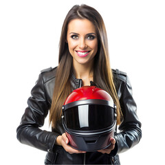 Beautiful empowered motorcyclist woman with modern look power woman concept