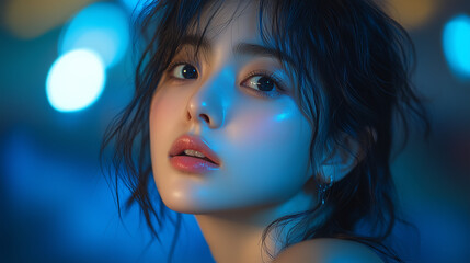 Naklejka premium A young woman with glamorous makeup poses elegantly in a vibrant blue setting, highlighting her features and glossy skin