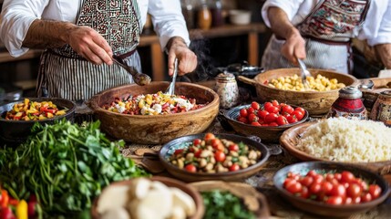 Obraz premium Cultural cooking class showcasing traditional cuisine. Culinary Cooking Class Diverse Dishes