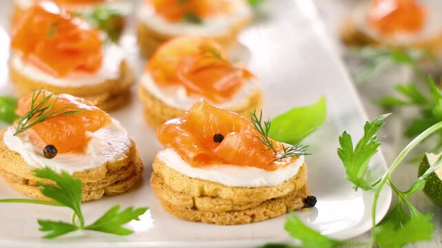 Toasts with cream cheese and smoked salmon, perfect for catering and healthy buffet food options