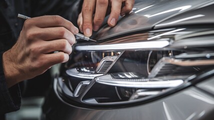 Expert Craftsmanship on Modern Car Headlight. A close-up shot of a skilled technician meticulously working on a sleek, modern car headlight, showcasing the intricate details. 