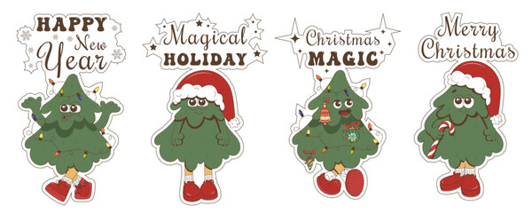 A set of fun Christmas stickers with trendy characters and phrases. Christmas tree with lights, New Year's hat. Vector Christmas tree in a clockwork style.