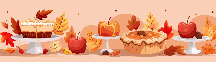 Autumn treats, caramel apples and pies, flat design illustration