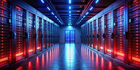 Fototapeta premium Server room with rows of servers illuminated by red and blue lights