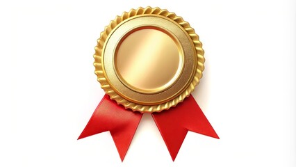 Golden award badge with a red ribbon is shining on a white background