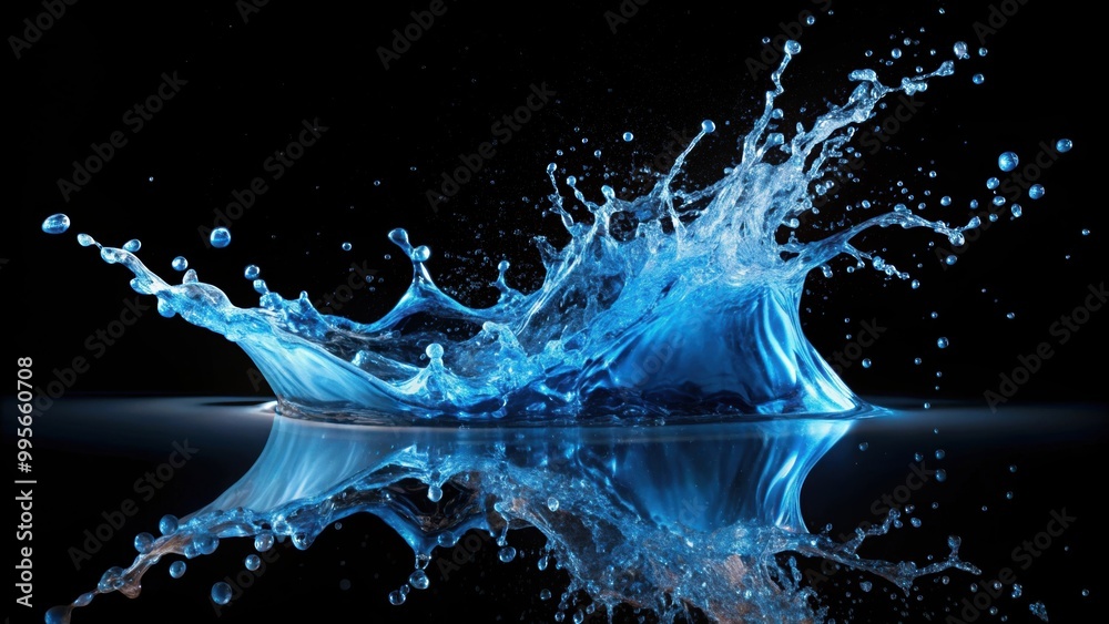 Sticker Blue water splash isolated on black background, water, splash, blue, isolated, black, background, liquid, droplets, texture