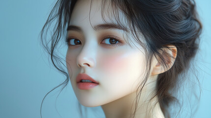Fototapeta premium Captivating Korean young woman with natural beauty poses elegantly against a serene blue backdrop