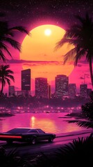 A synthwave background with palm trees and the sun setting behind an urban skyline, featuring retro-futuristic elements like vintage cars and neon lights