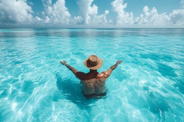 Tourist relaxing and enjoying life near turquoise water for summer holidays