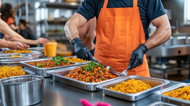 A chef in an orange apron prepares plated meals in a kitchen, showcasing vibrant vegetables and pasta dishes in metal trays.
