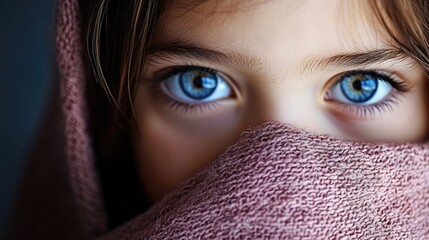 Fototapeta premium A close-up of a girl with striking blue eyes partially obscured by a pink scarf, evoking curiosity and innocence.