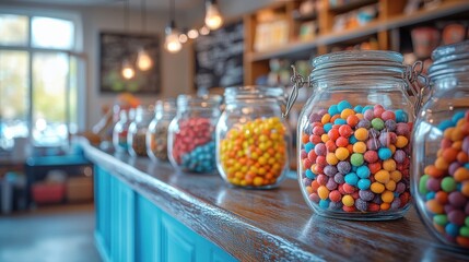 Colorful jars filled with vibrant candies create a cheerful display in a cozy cafe, inviting customers to indulge in sweet treats.